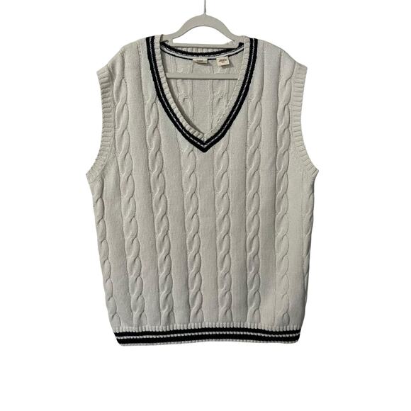 Levi’s Women’s Agi Sweater Vest M White Blue Wool Cable Knit Preppy Academia - Picture 1 of 8